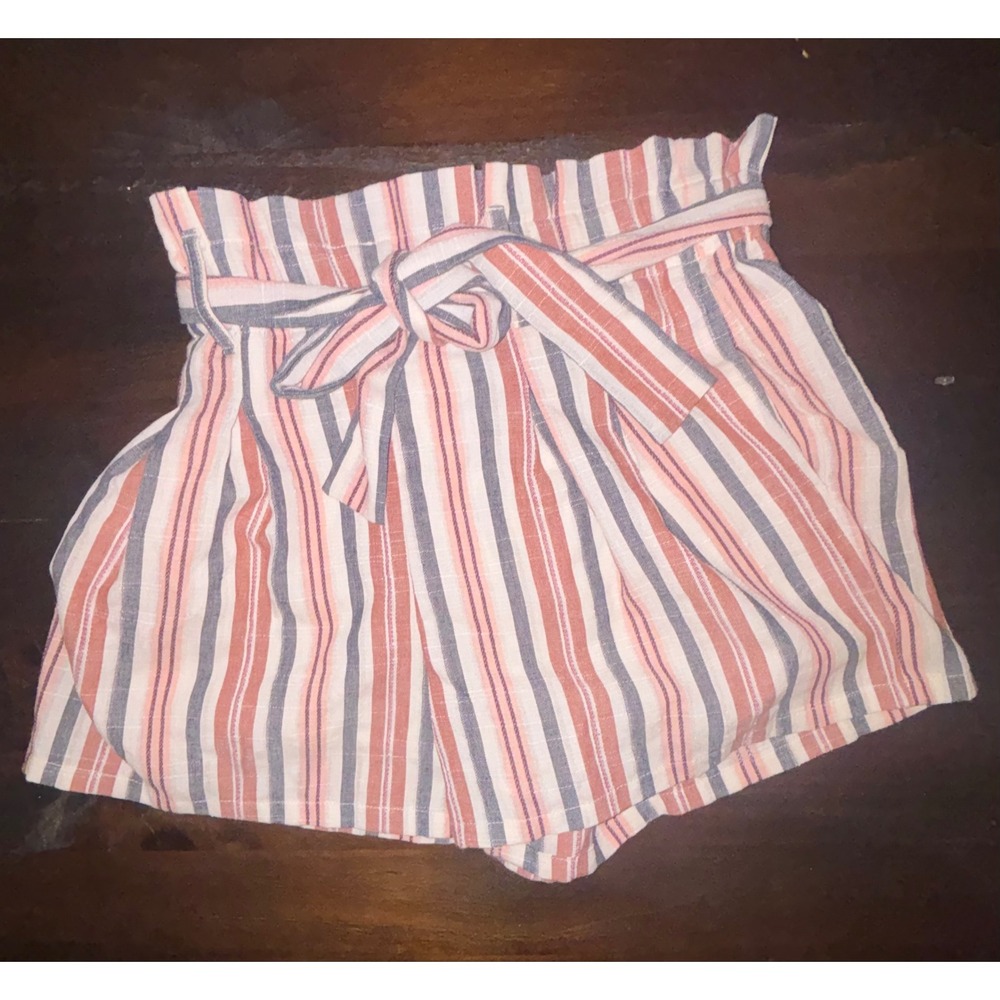 Francesca's Alya Striped Paperbag Waist Shorts Multi-Color Tie Belt Small NEW
